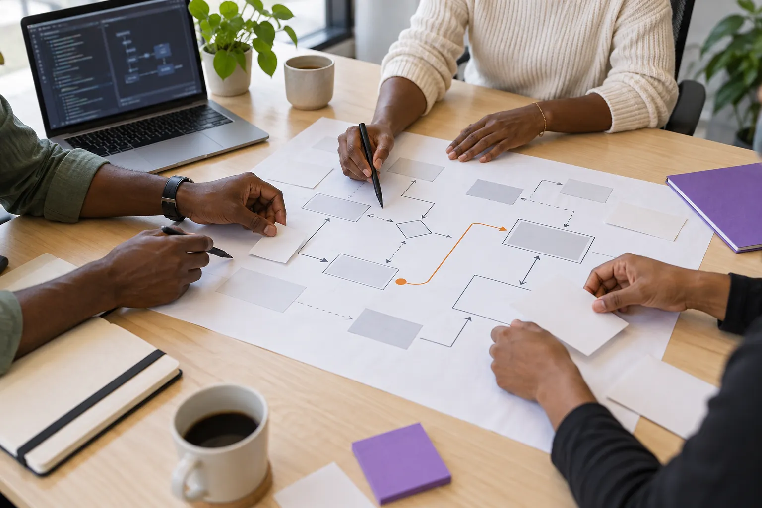 Several participants arrange a wordless system map around a table beside a laptop.