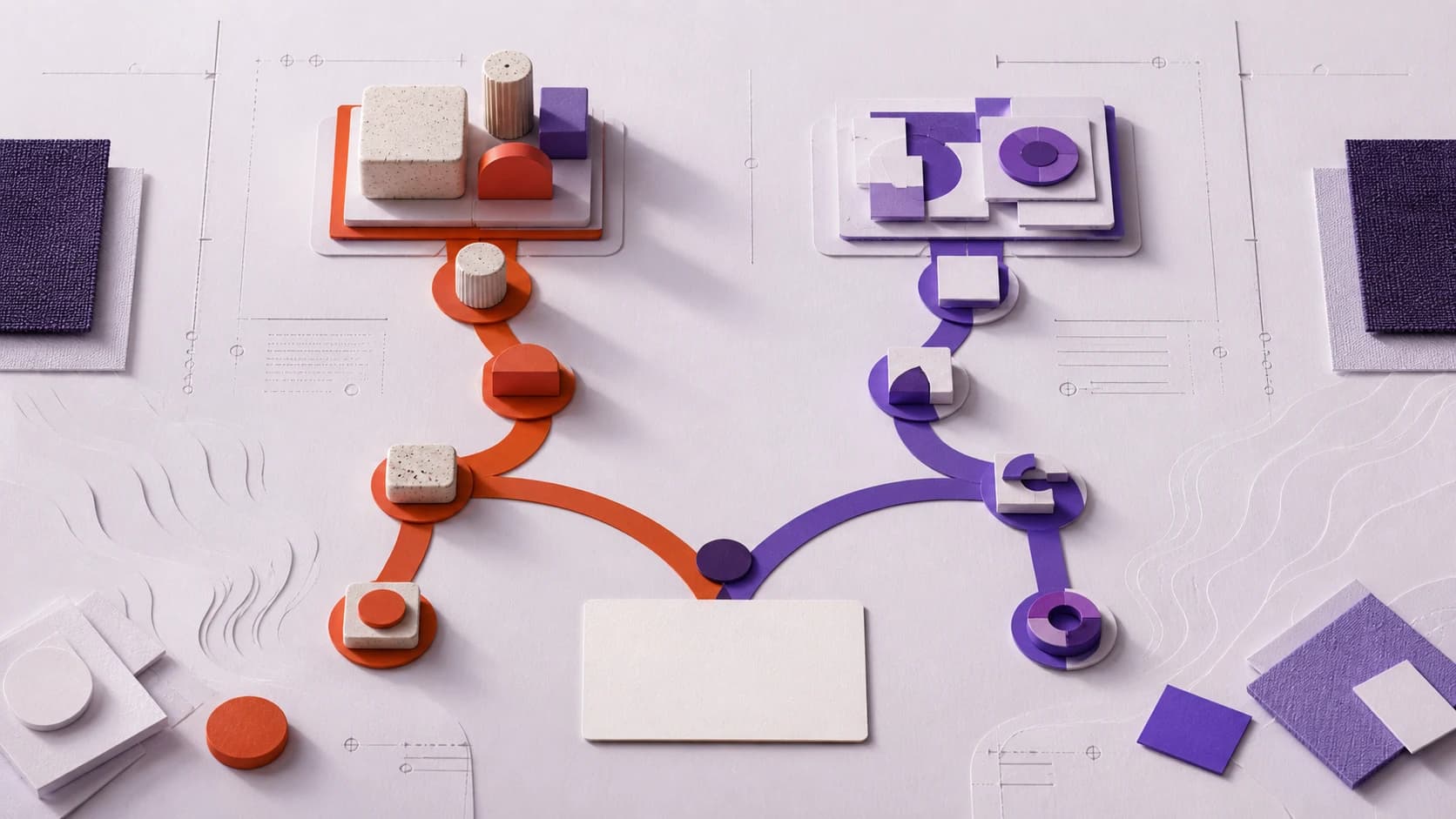Tactile editorial composition showing two equally valid paths from one problem: modular tools and a custom-built system