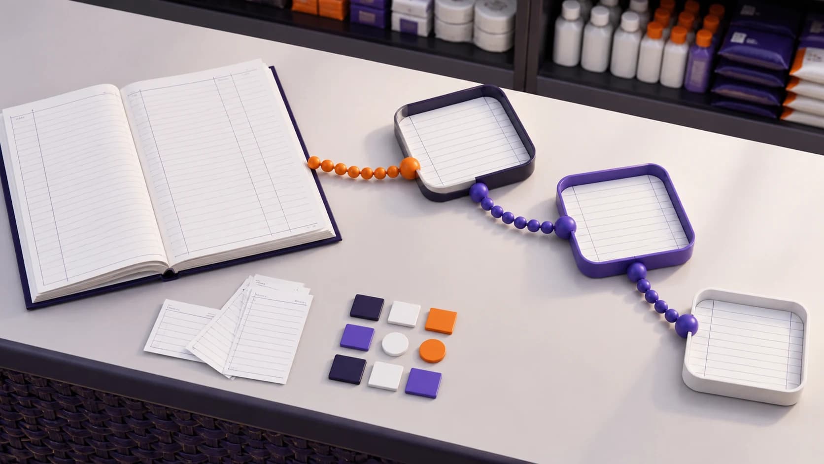 Open paper ledger beside linked trays and counters on a shop worktop with stocked shelves in the background
