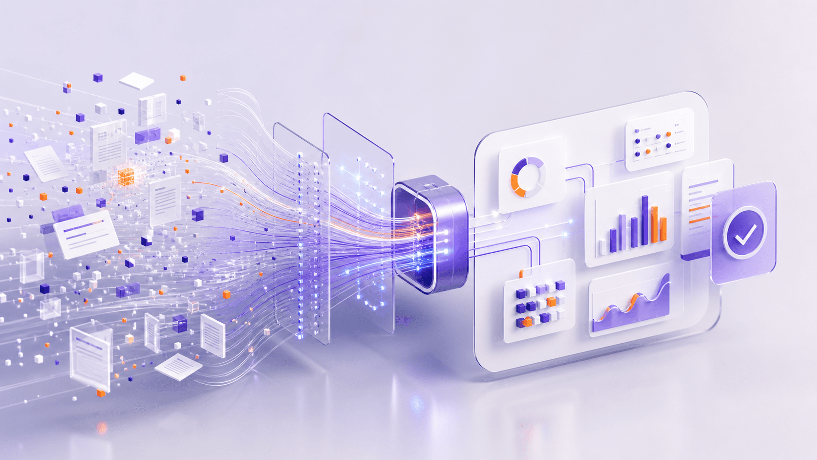 Editorial illustration of unstructured documents and data flowing into clean dashboard-like decision panels