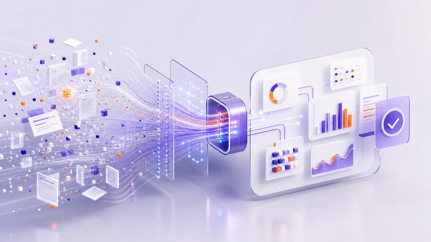 Abstract data stream passing through a glowing processor into organised charts and decision panels