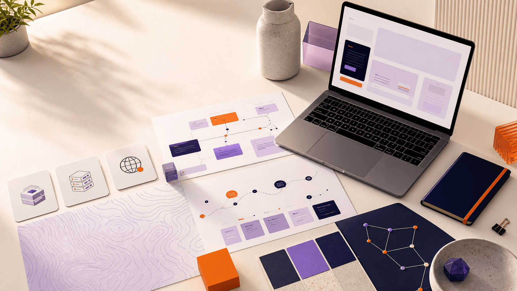 Editorial illustration of a digital workbench with abstract planning boards, hosting cards and interface blocks