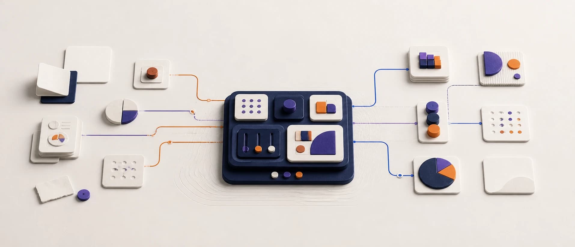 Tactile system landscape showing scattered business inputs converging into one coherent modular operating system