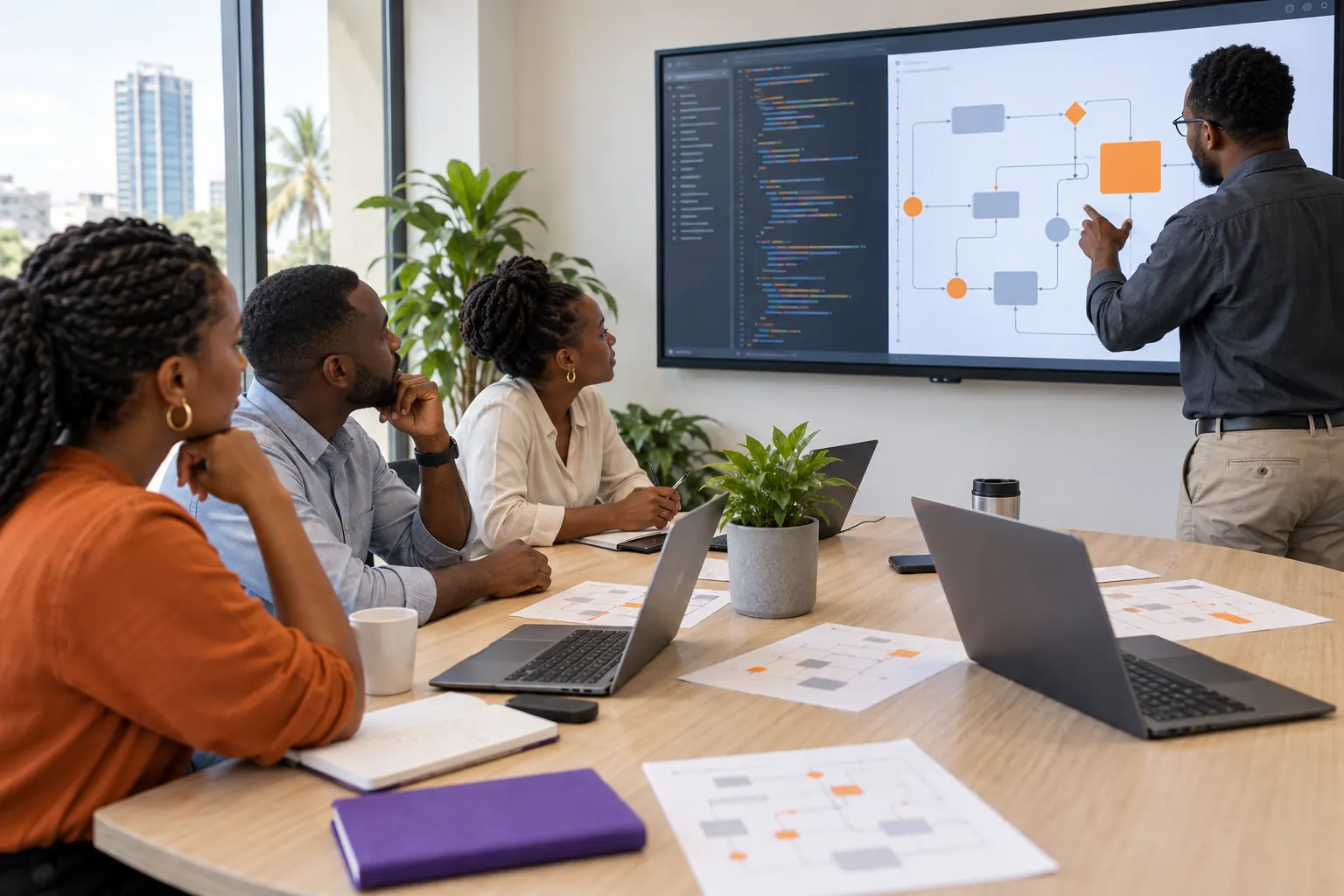 Four professionals discuss code and a wordless system flow during a presentation.