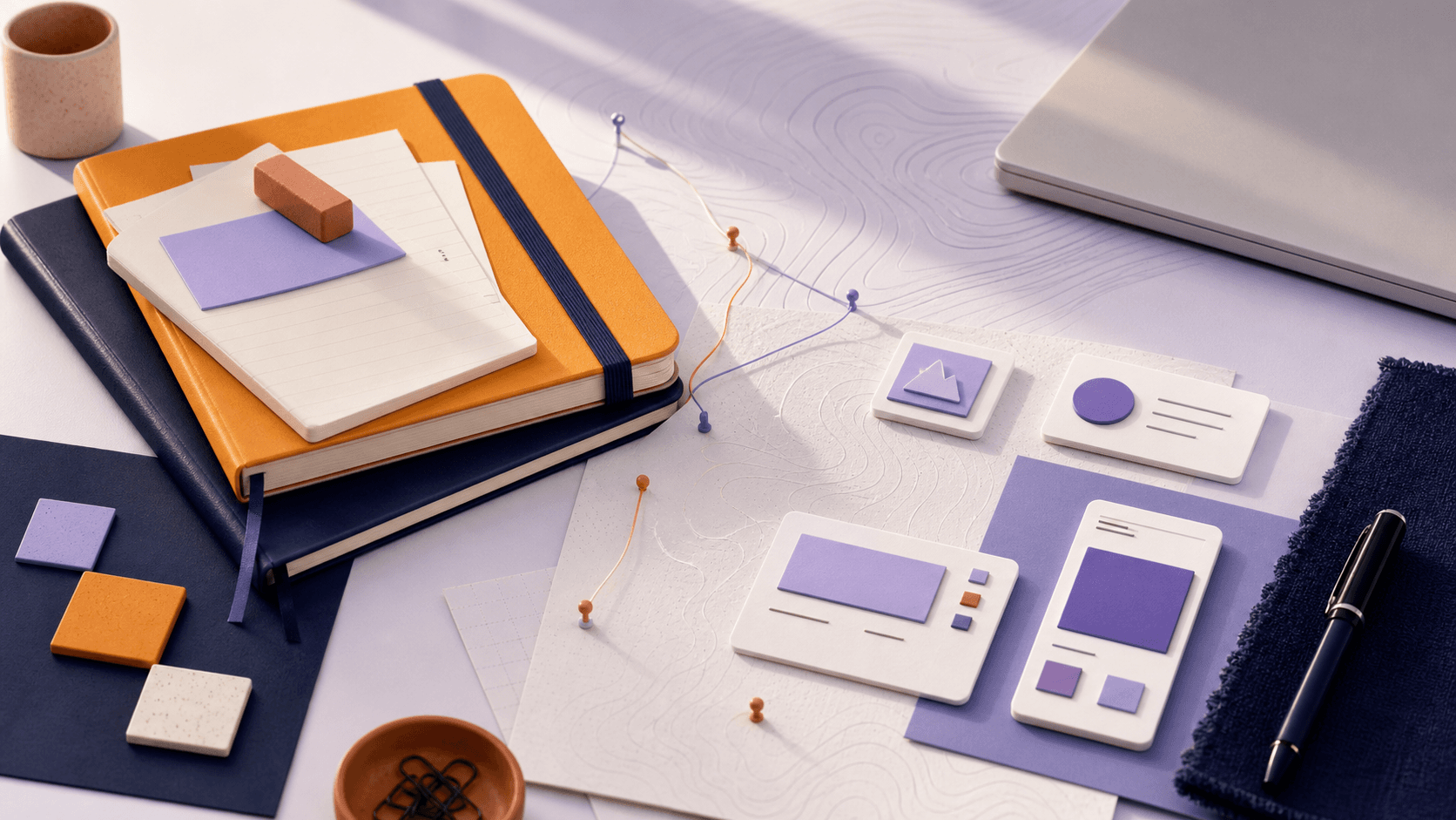 Editorial illustration of notebooks, planning cards, and interface tiles on a workshop desk
