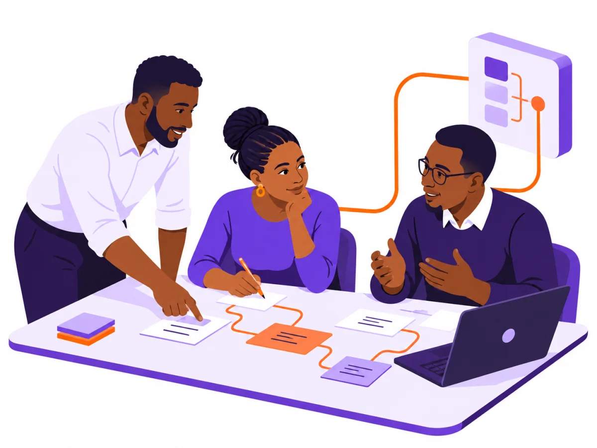 Three colleagues trace a local workflow together around a table.