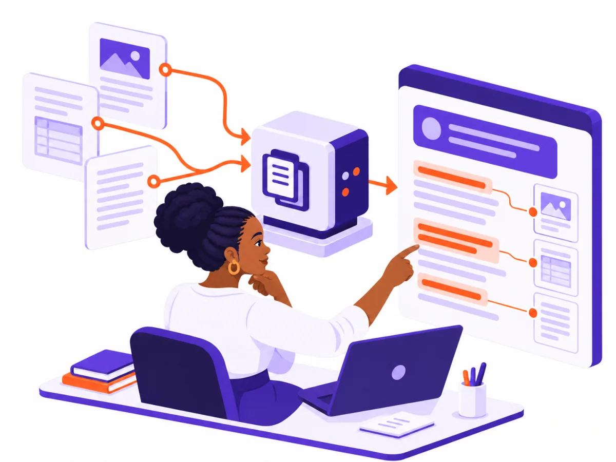 A professional reviews answers connected back to several source documents.