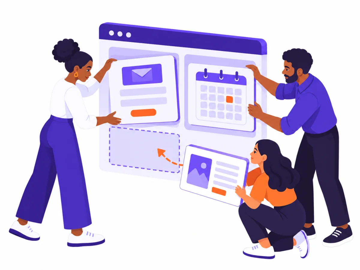 A team fits contact, booking, and publishing modules into a website.