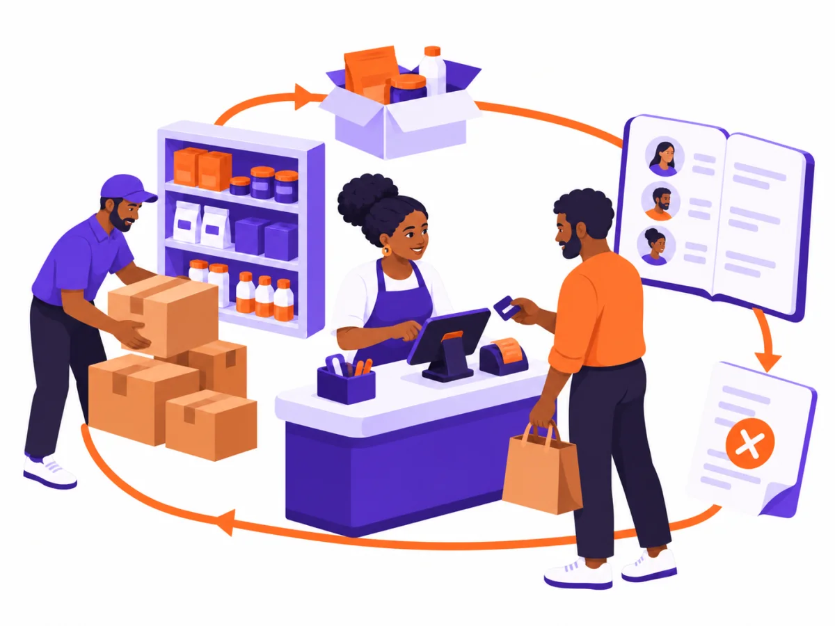 A small business team connects sales, stock, customers, and account records.