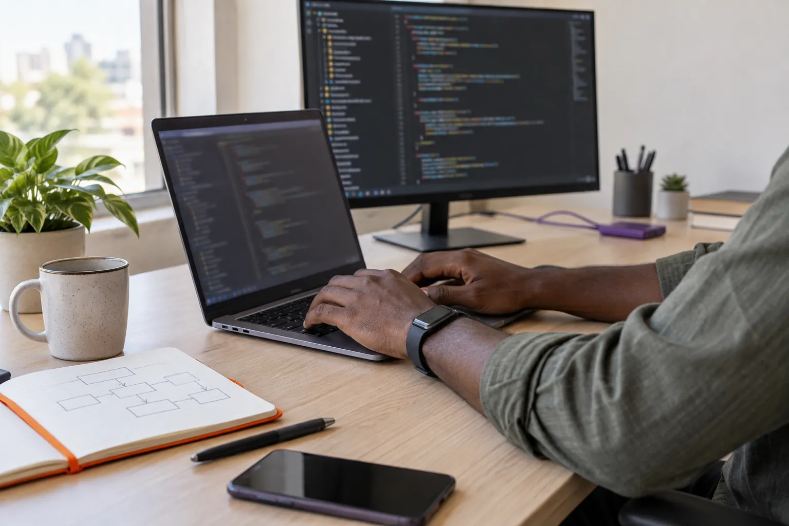 Hands work at a laptop and monitor displaying code beside a sketched system flow.