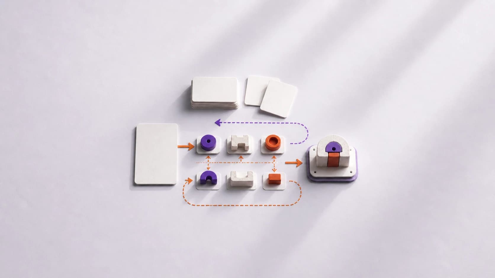 Tactile workbench showing research, modular decisions, and a working system coming together