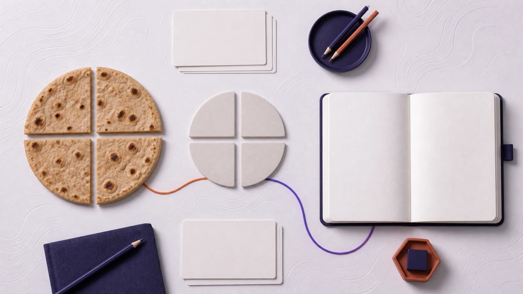 Top-down learning still life with a chapati divided into quarters, blank study cards, pencils, and an open notebook