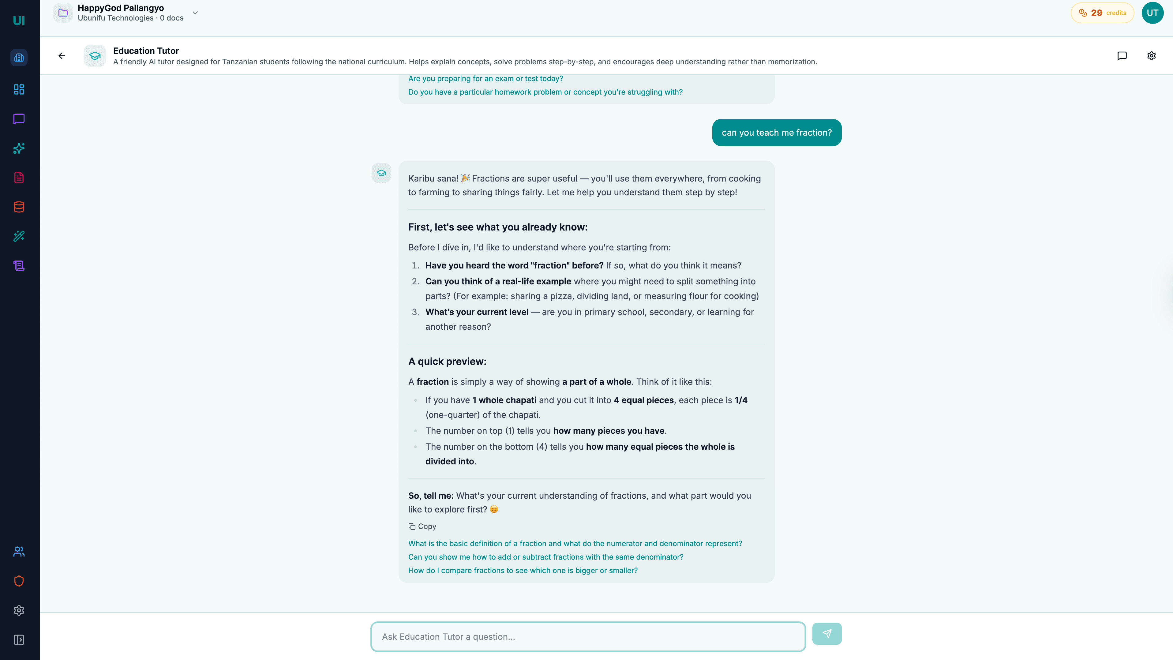 Ubunifu Insight tutor answering a question in Swahili