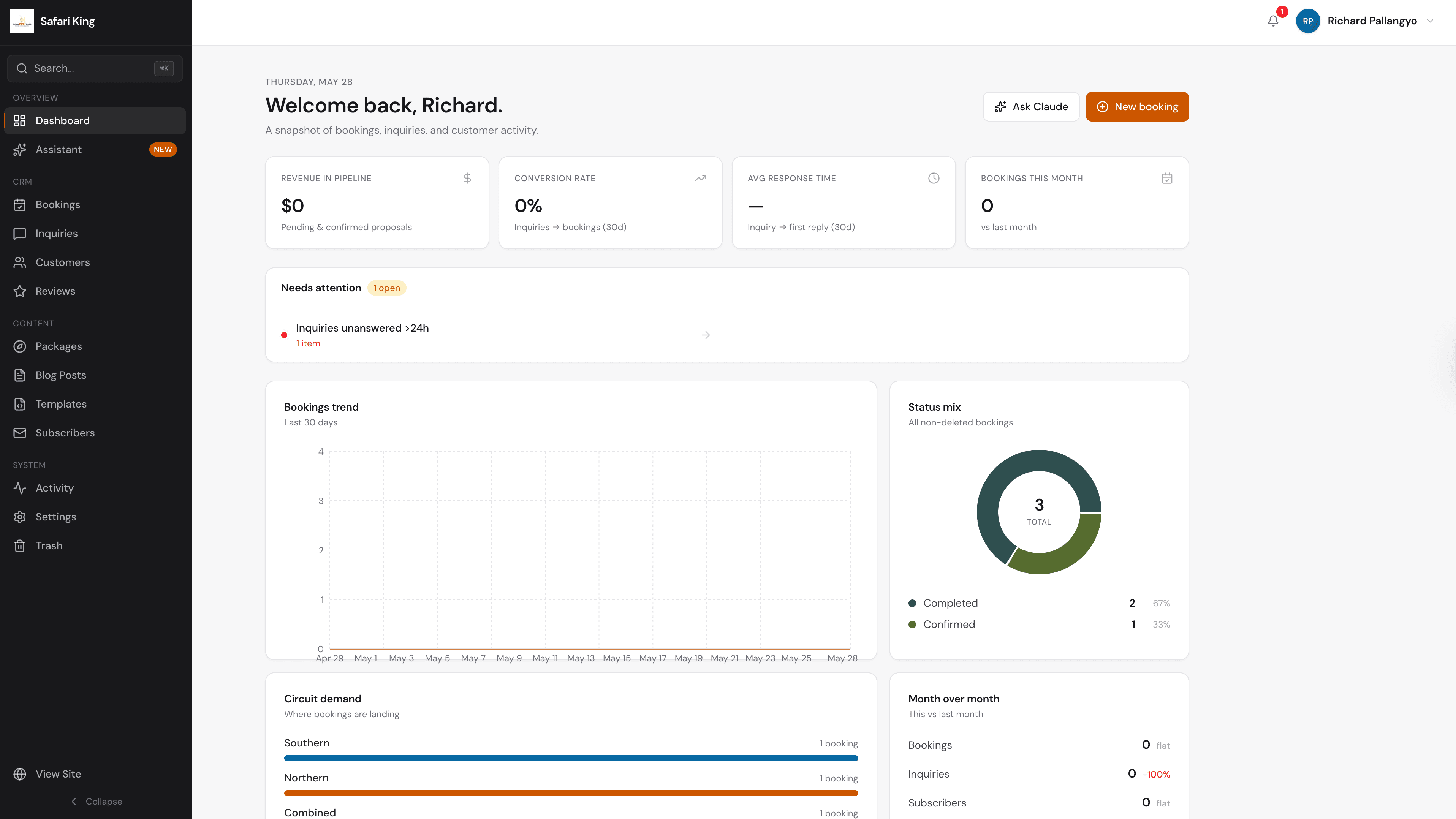 Safari King admin dashboard with revenue pipeline, bookings trend chart, status mix and circuit demand breakdown