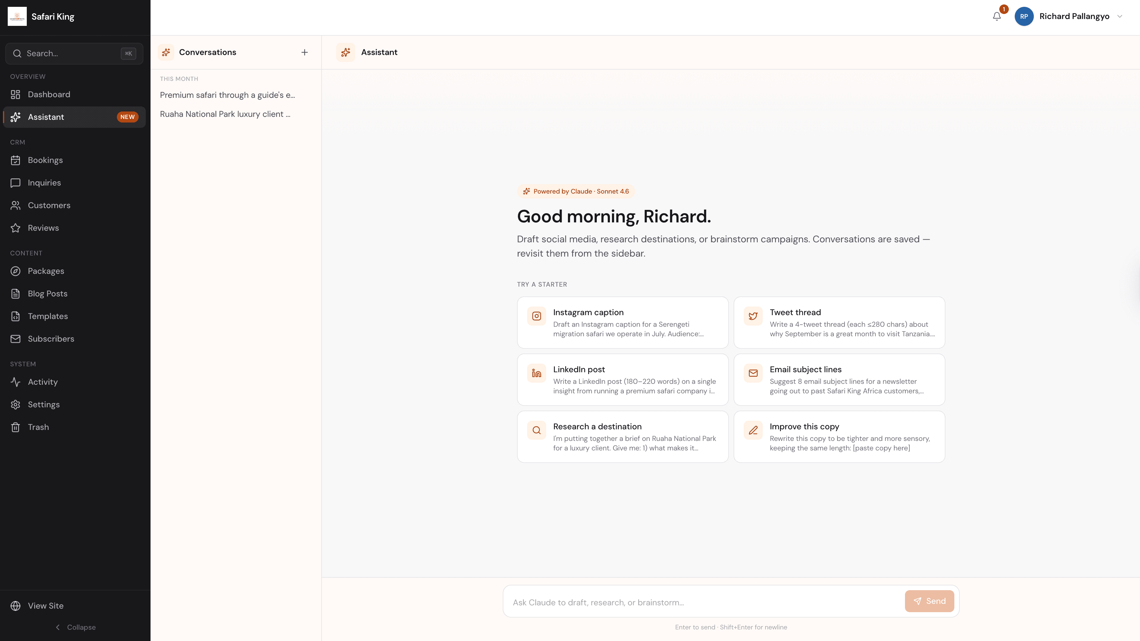 Safari King in-app assistant with prompt starters for social posts and campaign research
