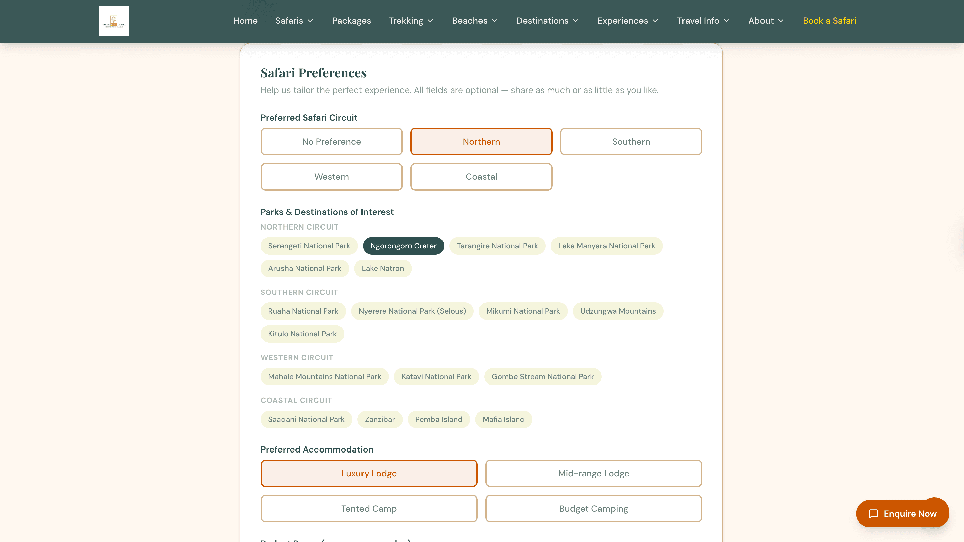 Safari preferences form showing circuit selection and every Tanzanian national park grouped by region