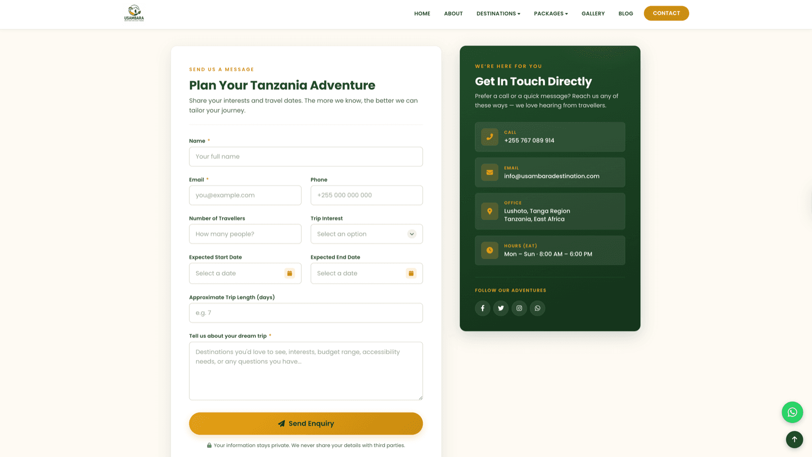 Usambara Destination contact page with a full-trip-context enquiry form and quick-connect cards