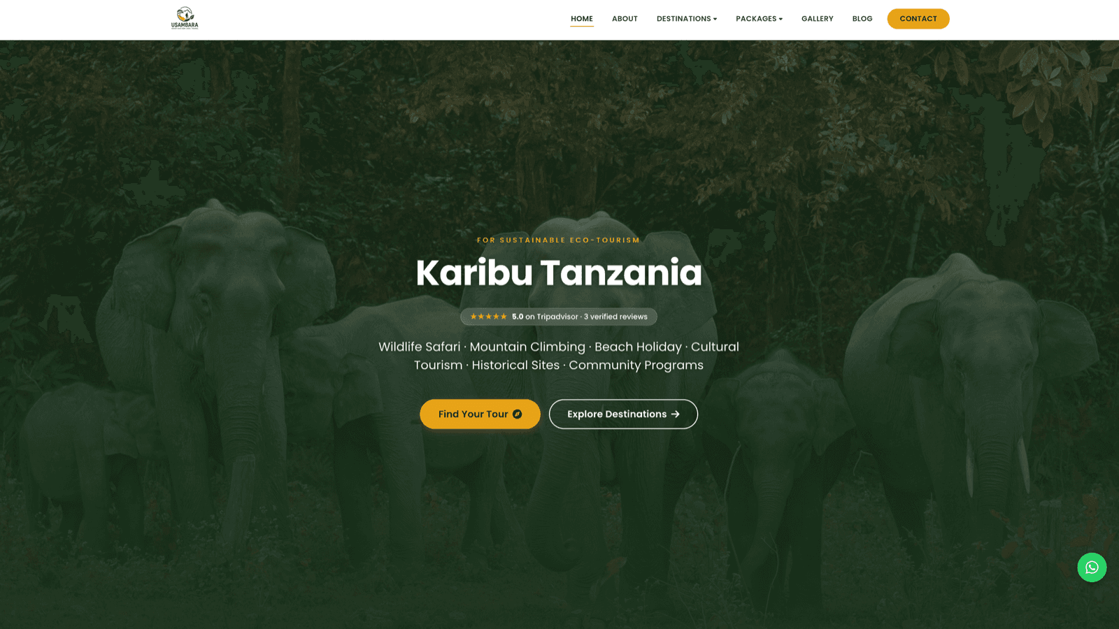 Usambara Destination homepage hero "Karibu Tanzania" over a wildlife photograph with destination categories